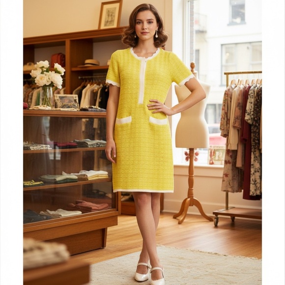 Free Assembly Dresses & Skirts - Vintage Inspired Yellow Mini Knit Retro Mod Sweater Dress XL Mad Men 1950s chic